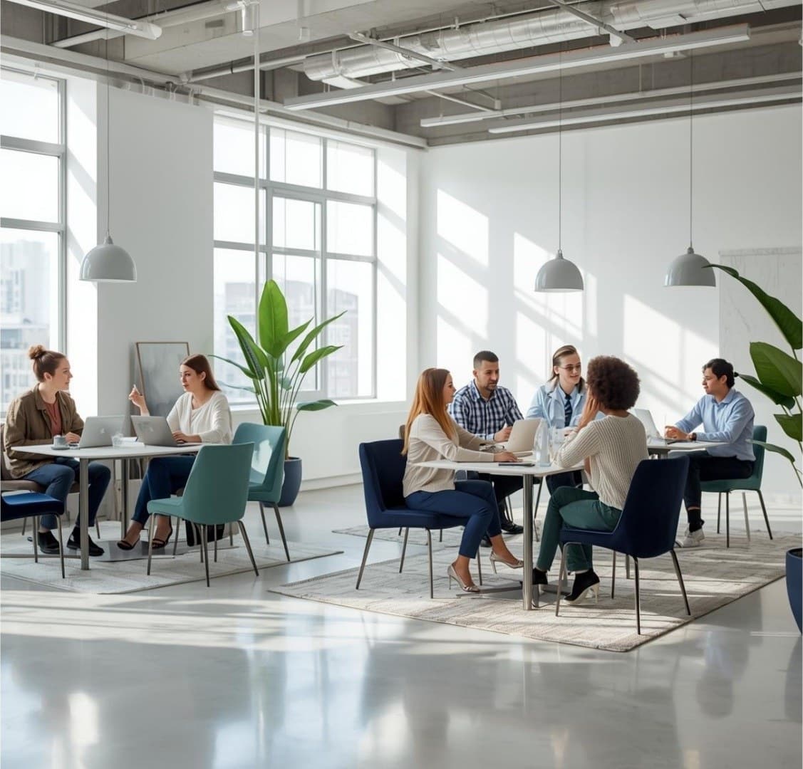 Plusieurs petits groupes de professionnels au travail à des tables, dans un espace de formation lumineux.