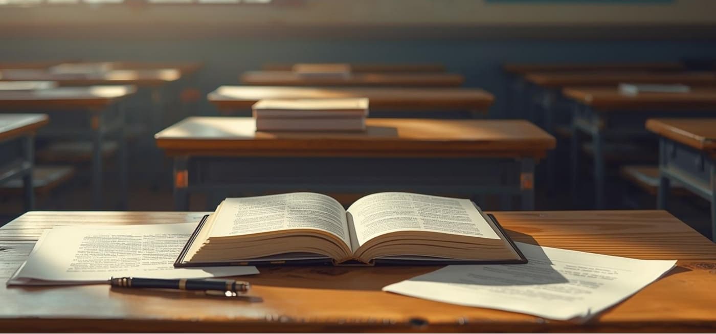 Un livre ouvert, des feuilles annotées et un stylo sur une table, dans une lumière chaude.